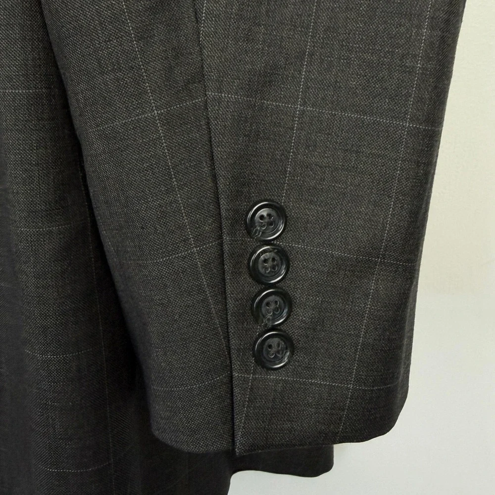 Jos. A. Bank 2-Piece Suit Mens 46L 37x31 100% Wool WINDOWPANE Charcoal Grey